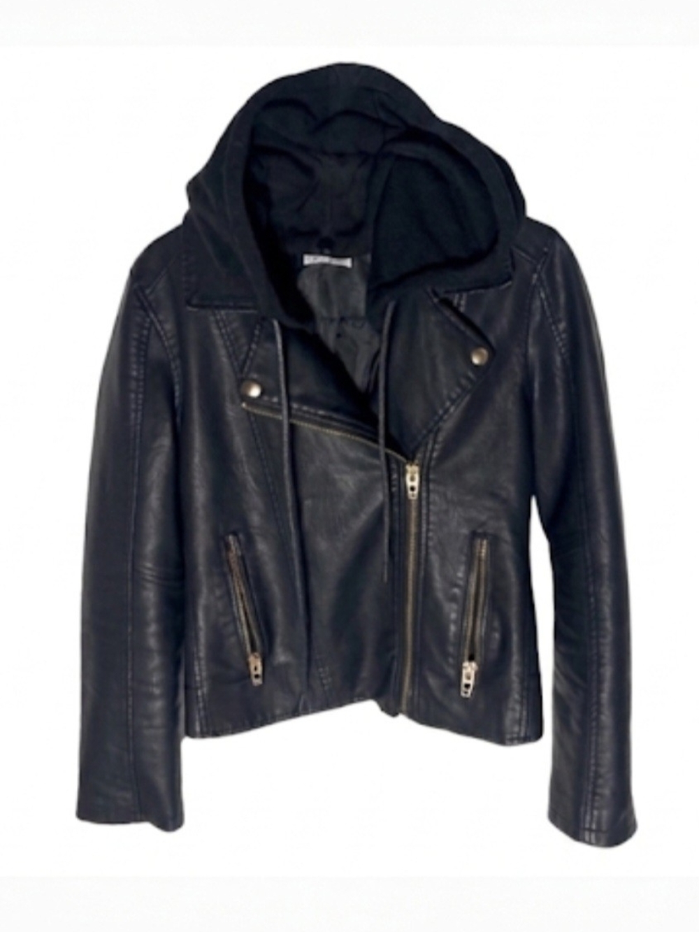 Black Faux Leather Hooded Moto Jacket -  Women